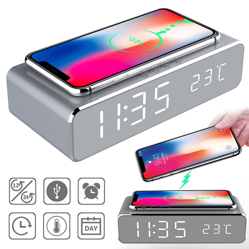 LED Electric Alarm Clock With Wireless Charger Desktop Decor