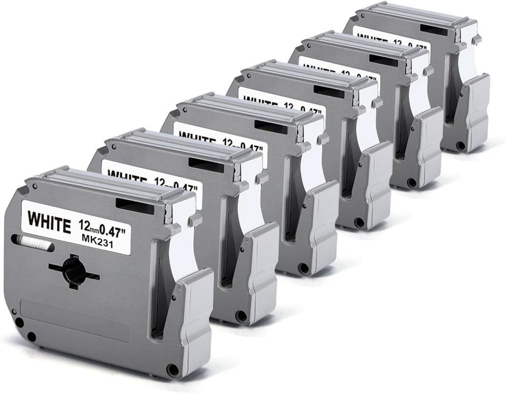 M-K231 Compatible Label Tape Replacement for Brother Ptouch M Tape M231 MK231 M-231 M-K231S 12Mm 0.47 Inch, for Brother Ptouch PT-M95 PT-85 PT-75 PT-65 Label Makers, Black on White, 6 Pack