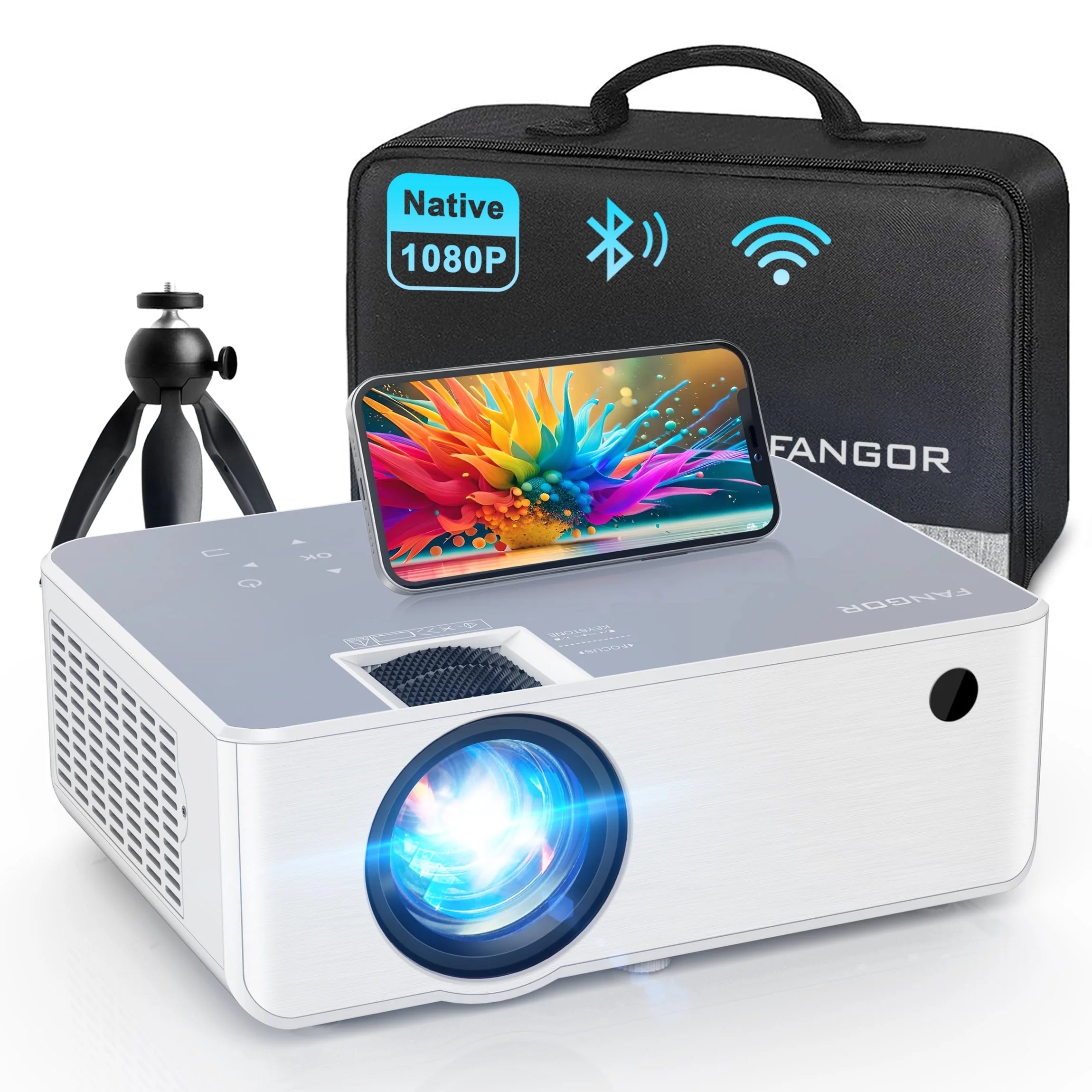 Wifi Bluetooth Projector, Portable Movie Projector Native 1080P for Home &Outdoor, Full HD Video Projector Compatible with Phone/Laptop/Pc/ TV Stick/Usb/Sd Card (Tripod Included)