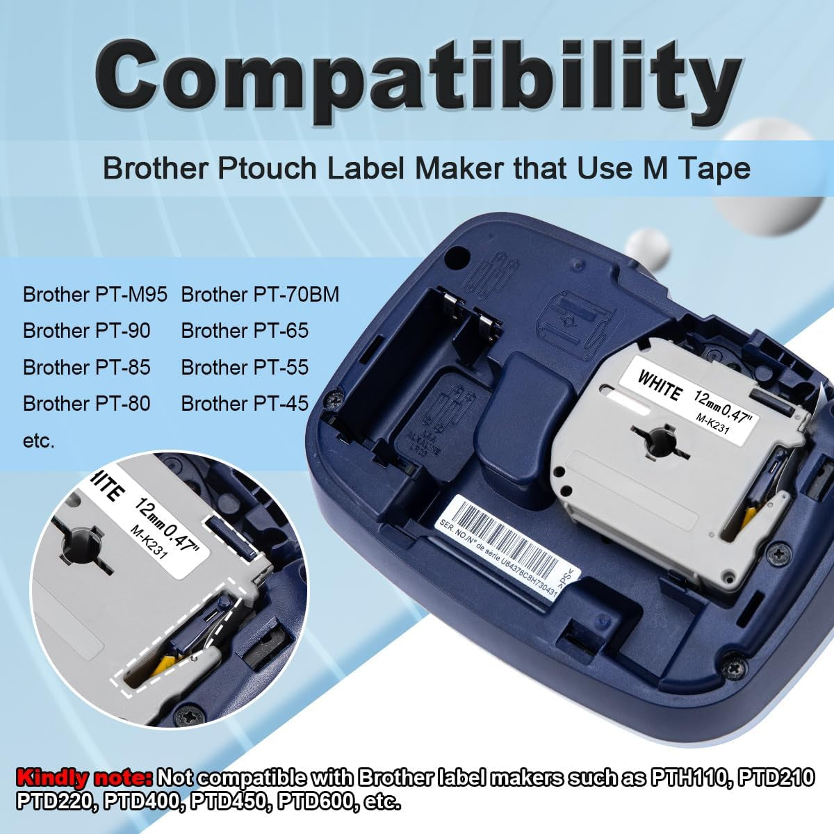 M-K231 Compatible Label Tape Replacement for Brother Ptouch M Tape M231 MK231 M-231 M-K231S 12Mm 0.47 Inch, for Brother Ptouch PT-M95 PT-85 PT-75 PT-65 Label Makers, Black on White, 6 Pack