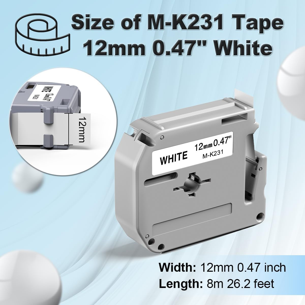 M-K231 Compatible Label Tape Replacement for Brother Ptouch M Tape M231 MK231 M-231 M-K231S 12Mm 0.47 Inch, for Brother Ptouch PT-M95 PT-85 PT-75 PT-65 Label Makers, Black on White, 6 Pack
