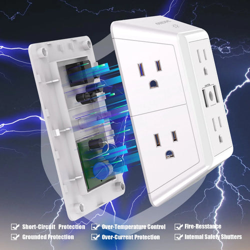 3 Sided Outlet Extender 6 Outlets with 2 USB Ports, Multi Plug Outlet Splitter for Home, Office
