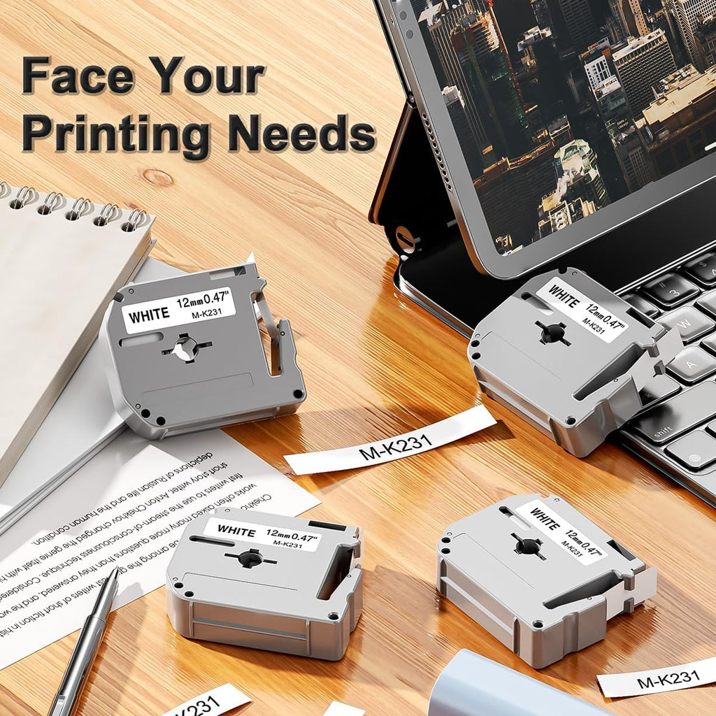 M-K231 Compatible Label Tape Replacement for Brother Ptouch M Tape M231 MK231 M-231 M-K231S 12Mm 0.47 Inch, for Brother Ptouch PT-M95 PT-85 PT-75 PT-65 Label Makers, Black on White, 6 Pack