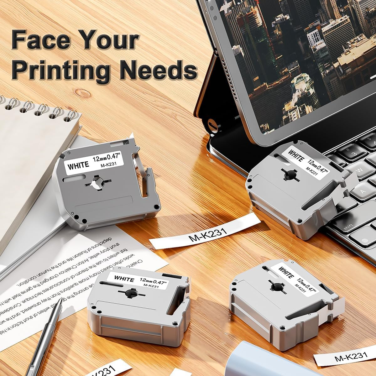 M-K231 Compatible Label Tape Replacement for Brother Ptouch M Tape M231 MK231 M-231 M-K231S 12Mm 0.47 Inch, for Brother Ptouch PT-M95 PT-85 PT-75 PT-65 Label Makers, Black on White, 6 Pack